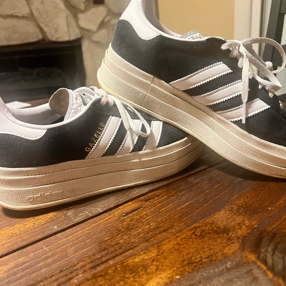 adidas Shoes - adidas Gazelle Platform Sneakers in Black & White with Gold Detail